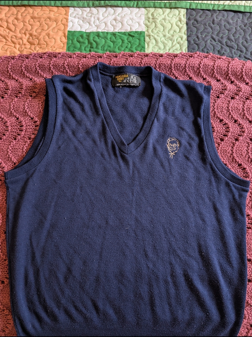 Niagara Knit Navy Sweater Vest with Embroidered Colonel Sanders KFC Logo